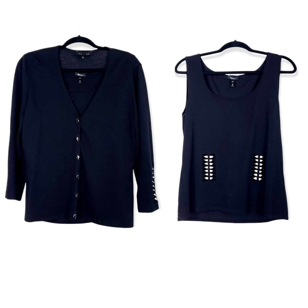 Escada 2 pc detailed tank black sweater set wool blend sz 40 like new condition